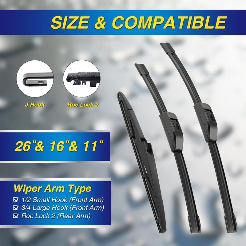 5PLUS ® Windshield Wipers Replacement for Hyundai Santa Fe 2023-2019 Kia Sorento 2020-2016 Sportage 2022-2017,Silicone Water Repellent Wiper Blades-26"/16"/11"(Set of 3), OEM Fit, All-Season - Image 2